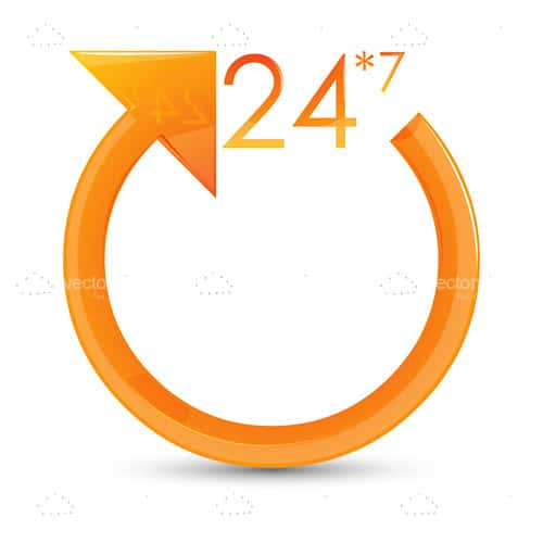 Round Orange Arrow with 24/7 Text